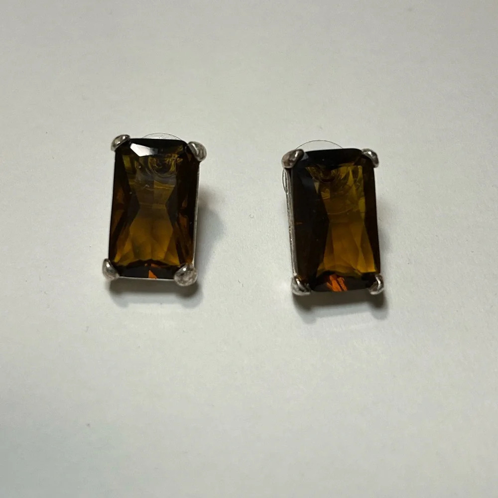 3/$20 Vintage Avon Brown Faux Smoky Quartz Large Rectangle Jewel Earrings